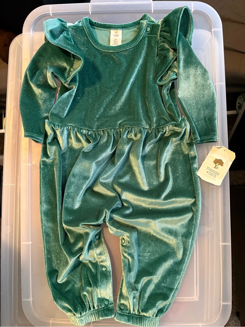 NWT Tucker + Tate Baby Girl Green Sparkle Velvet Jumpsuit Romper Ruffle Holiday